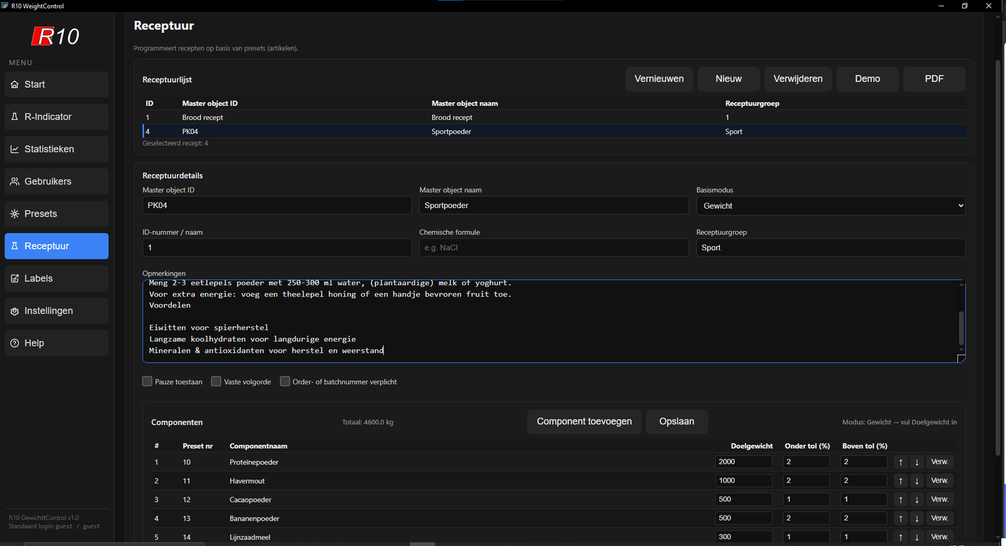 WeightControl Formula software dashboard voor receptuurwegen en formulatiewegen