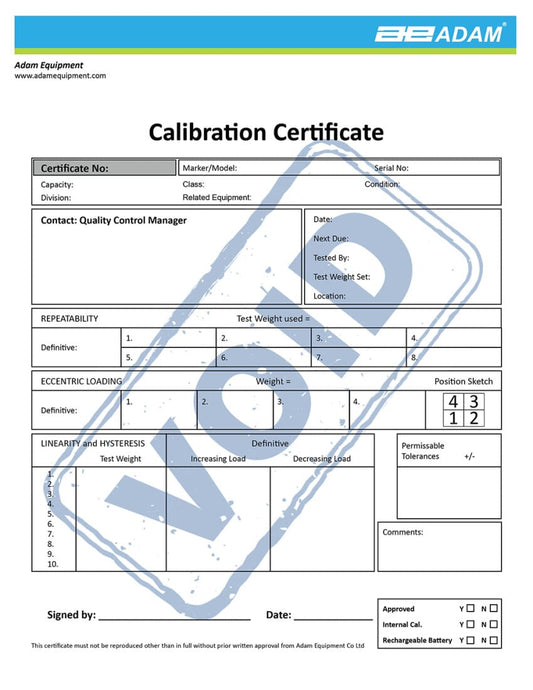 Adam Calibration Certificate for Scales Over 600kg Capa